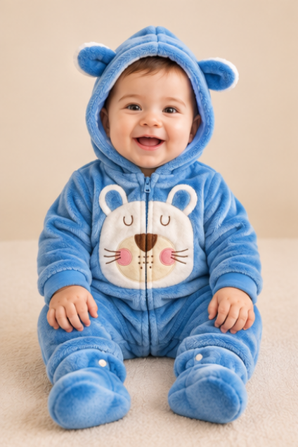 Blue Bear Hooded Fleece Romper