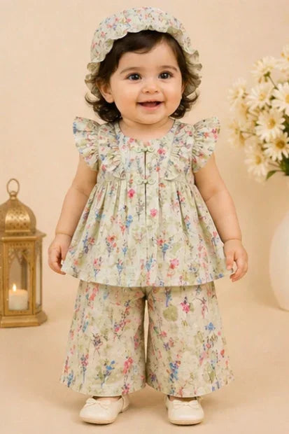 Girls Floral Frill Top & Cap Set – Mint Green