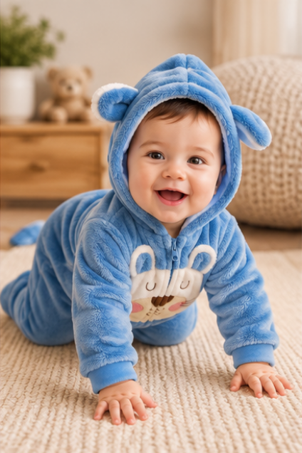 Blue Bear Hooded Fleece Romper