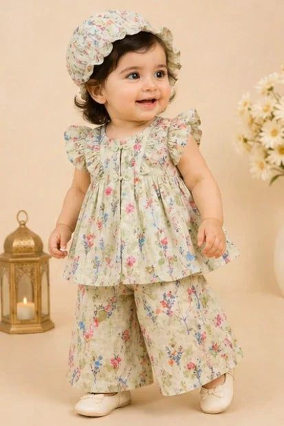 Girls Floral Frill Top & Cap Set – Mint Green
