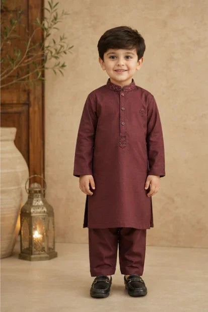 Boys Embroidered Kurta & Shalwar Set – Magenta