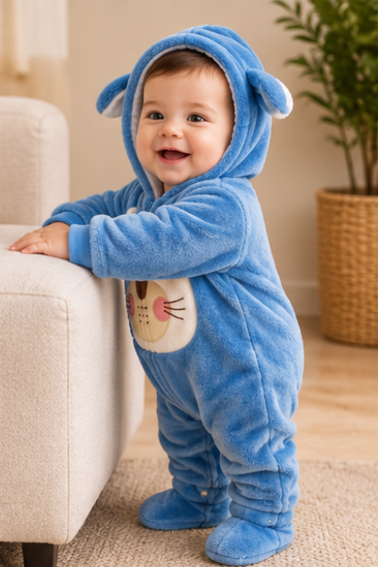 Blue Bear Hooded Fleece Romper