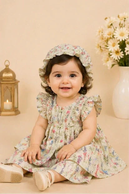 Girls Floral Frill Top & Cap Set – Mint Green