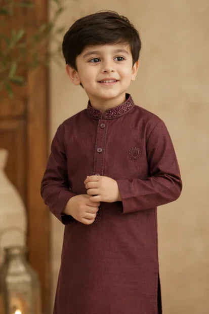 Boys Embroidered Kurta & Shalwar Set – Magenta