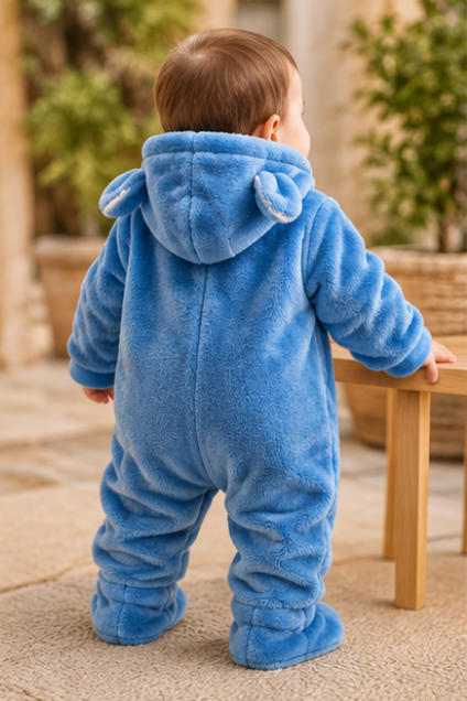 Blue Bear Hooded Fleece Romper