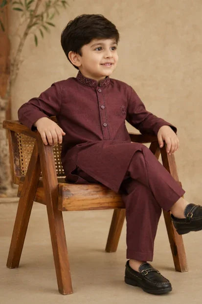 Boys Embroidered Kurta & Shalwar Set – Magenta