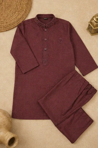 Boys Embroidered Kurta & Shalwar Set – Magenta