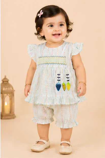 Baby Girls Puff Sleeve Frock & Shorts Set – Light Blue ferozi Stripe