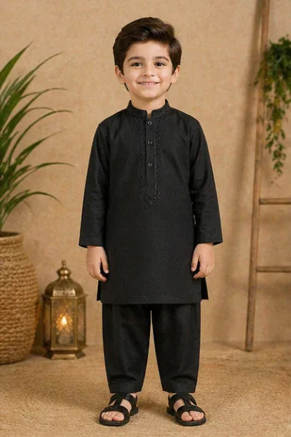 Boys Embroidered Kurta & Shalwar Set – Black