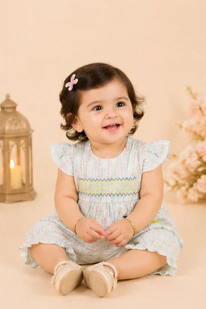 Baby Girls Puff Sleeve Frock & Shorts Set – Light Blue ferozi Stripe