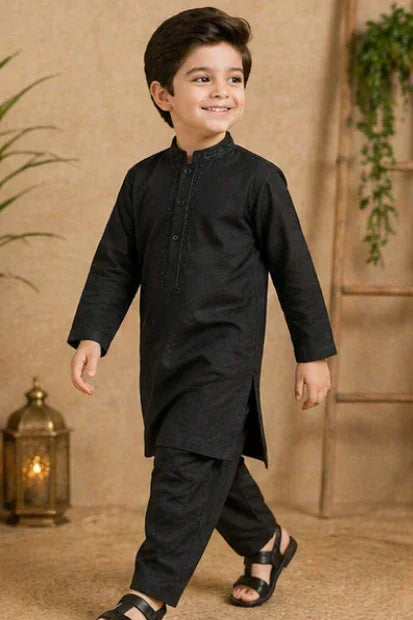 Boys Embroidered Kurta & Shalwar Set – Black