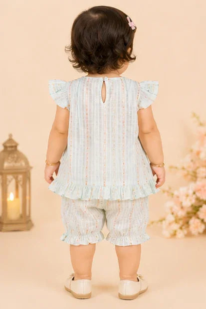 Baby Girls Puff Sleeve Frock & Shorts Set – Light Blue ferozi Stripe