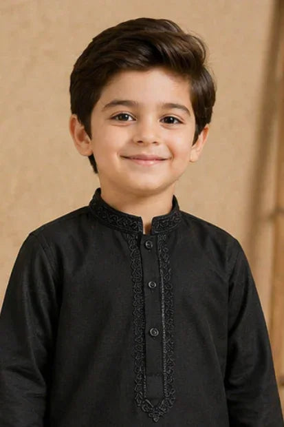 Boys Embroidered Kurta & Shalwar Set – Black