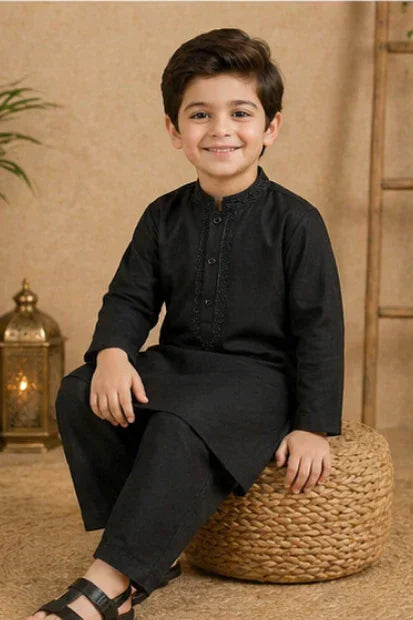 Boys Embroidered Kurta & Shalwar Set – Black