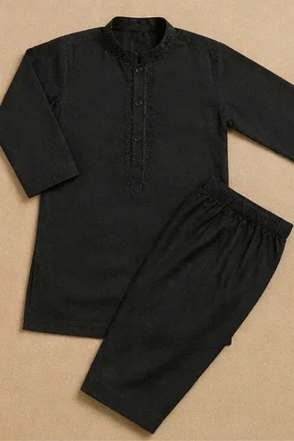 Boys Embroidered Kurta & Shalwar Set – Black