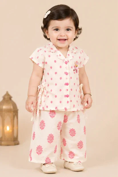 Baby Girls Printed Shirt & Palazzo Set – Cream/Pink