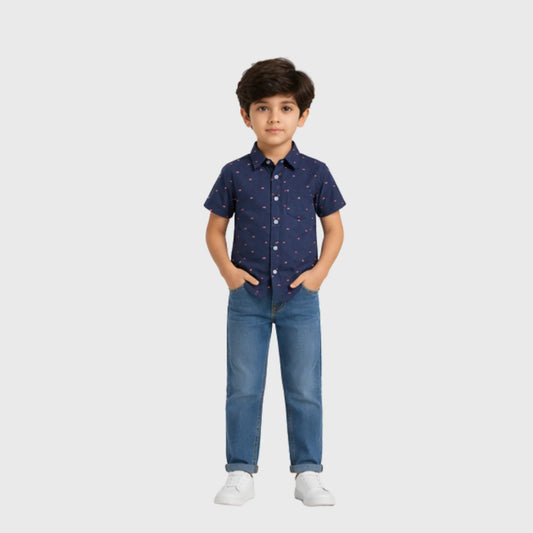 Navy Dotted Button-Down Short-Sleeve Shirt