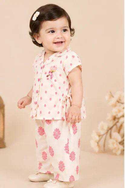 Baby Girls Printed Shirt & Palazzo Set – Cream/Pink
