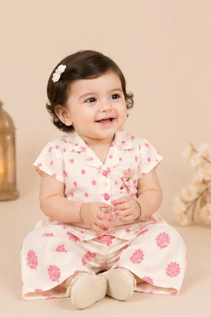 Baby Girls Printed Shirt & Palazzo Set – Cream/Pink