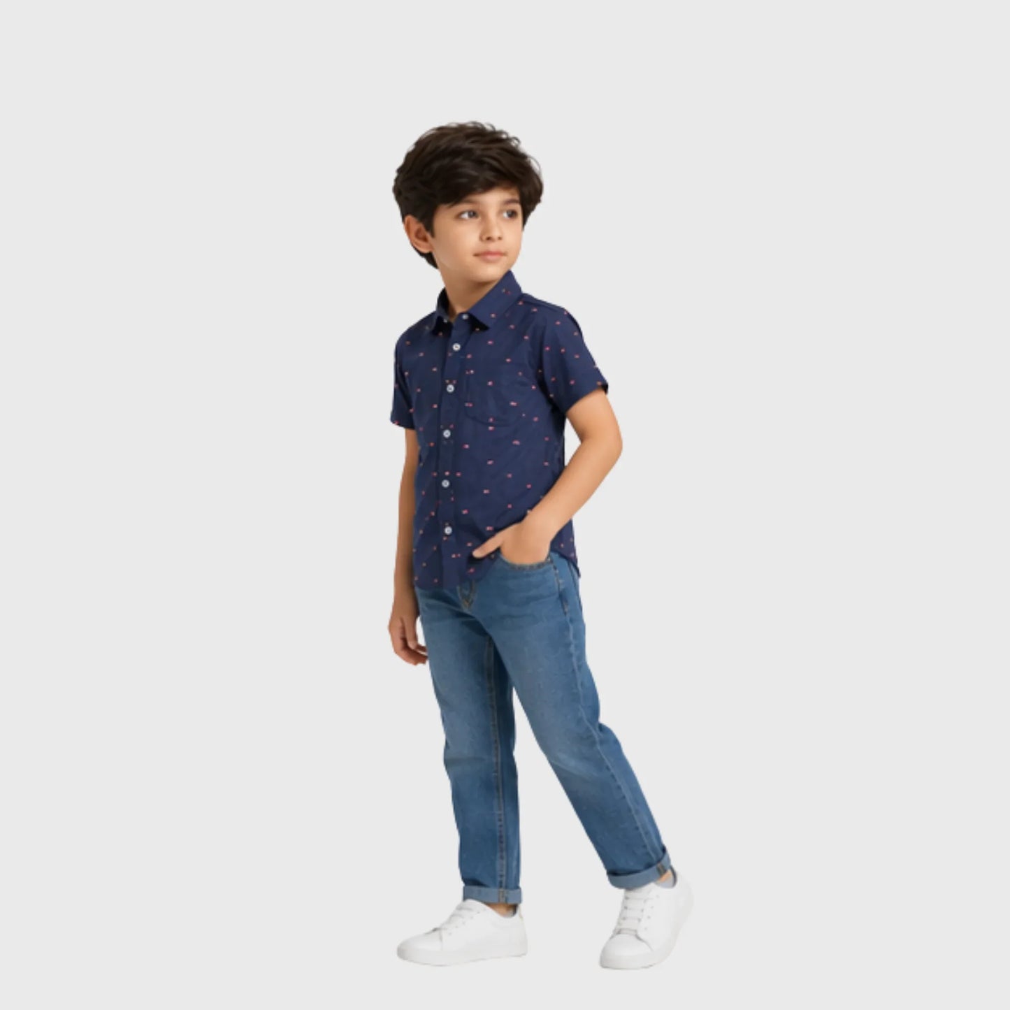 Navy Dotted Button-Down Short-Sleeve Shirt