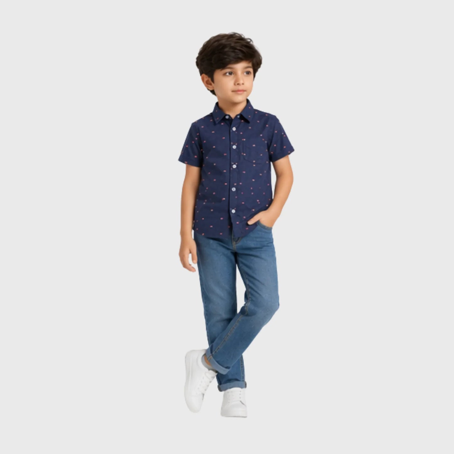 Navy Dotted Button-Down Short-Sleeve Shirt