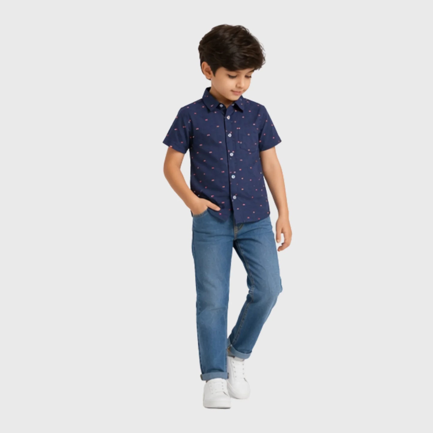 Navy Dotted Button-Down Short-Sleeve Shirt