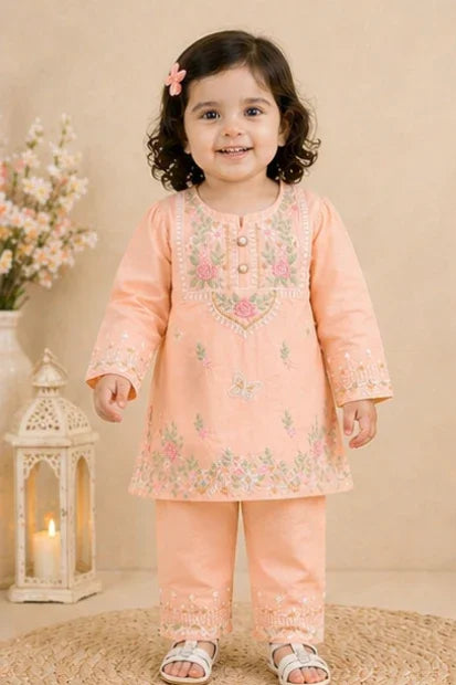 Girls Embroidered Kurta Set – peach