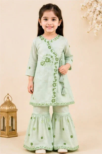 Girls Embroidered Angrakha Kurta Sharara Set – Mint Green