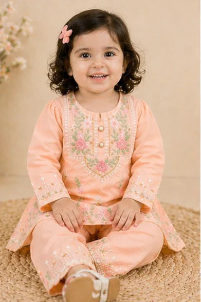 Girls Embroidered Kurta Set – peach