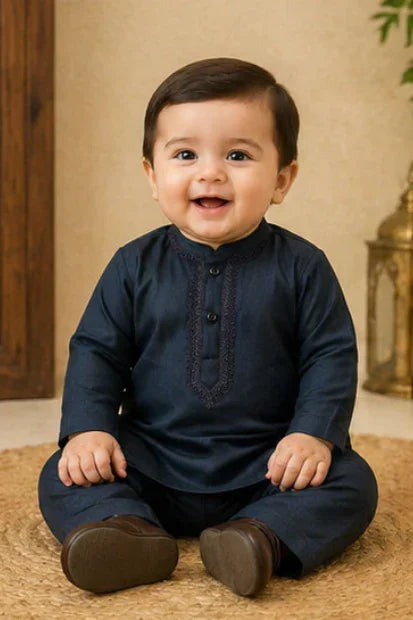 Baby Boys Embroidered Kurta & Shalwar Set – Teal Blue