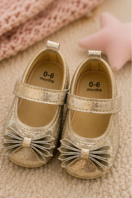 Golden Bow Detail Baby Shoes