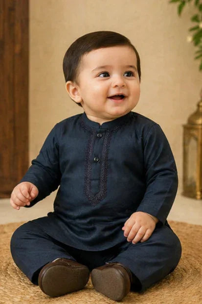Baby Boys Embroidered Kurta & Shalwar Set – Teal Blue