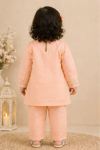 Girls Embroidered Kurta Set – peach