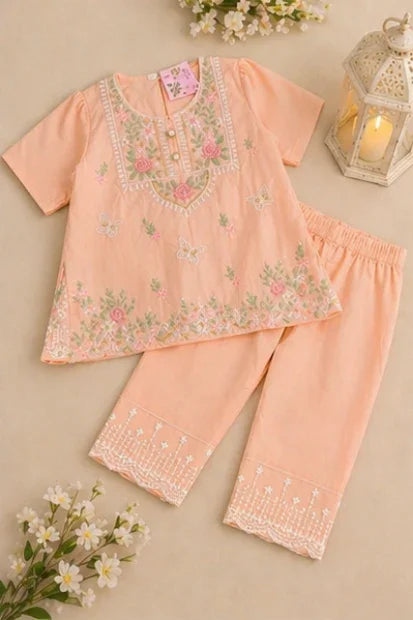 Girls Embroidered Kurta Set – peach