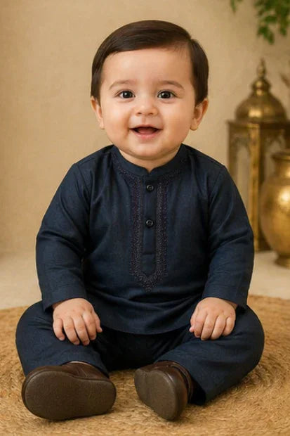 Baby Boys Embroidered Kurta & Shalwar Set – Teal Blue