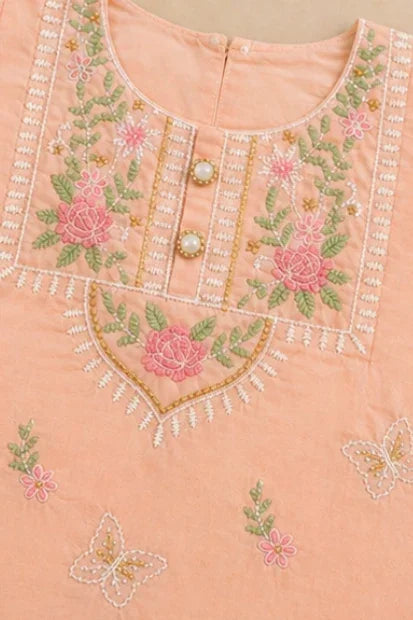 Girls Embroidered Kurta Set – peach