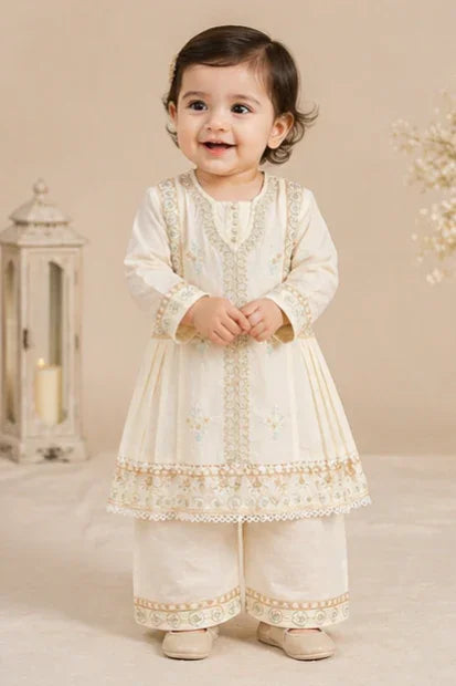 Girls Embroidered Kurta & Set – Cream/Off White