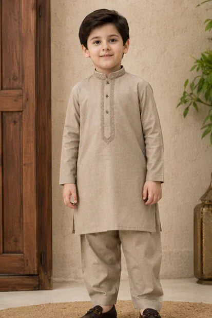 Boys Embroidered Kurta & Shalwar Set – Beige / brown