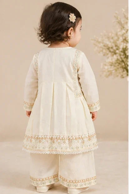 Girls Embroidered Kurta & Set – Cream/Off White