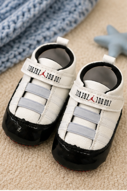 Kids White & Black Sporty Velcro Sneakers