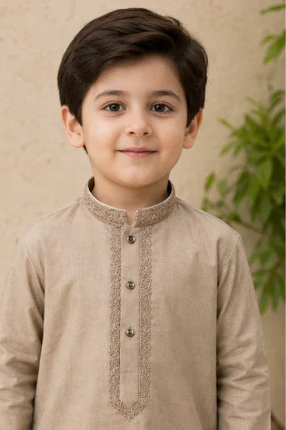 Boys Embroidered Kurta & Shalwar Set – Beige / brown