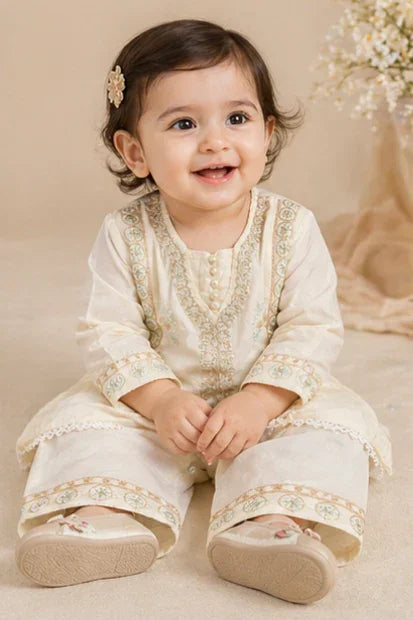Girls Embroidered Kurta & Set – Cream/Off White