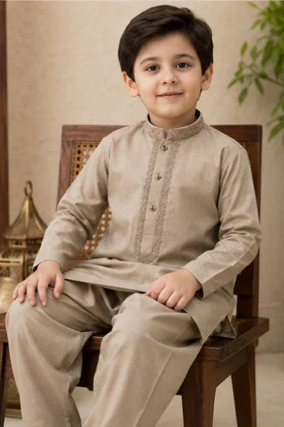 Boys Embroidered Kurta & Shalwar Set – Beige / brown