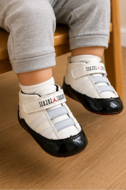 Kids White & Black Sporty Velcro Sneakers