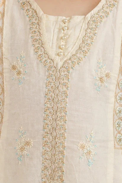Girls Embroidered Kurta & Set – Cream/Off White