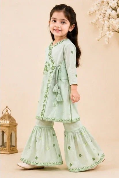 Girls Embroidered Angrakha Kurta Sharara Set – Mint Green