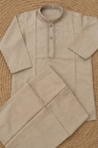 Boys Embroidered Kurta & Shalwar Set – Beige / brown