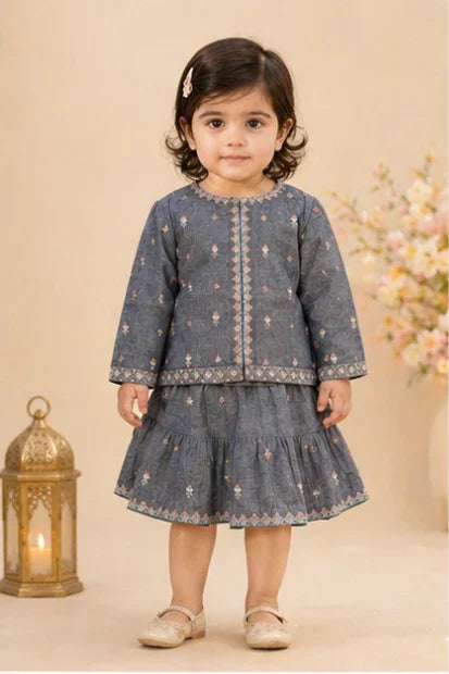 Baby Girls Embroidered Top & Skirt Set – Steel Blue