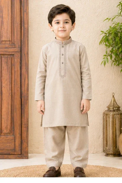 Boys Embroidered Kurta & Shalwar Set – Skin