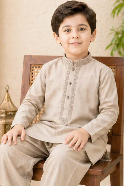 Boys Embroidered Kurta & Shalwar Set – Skin